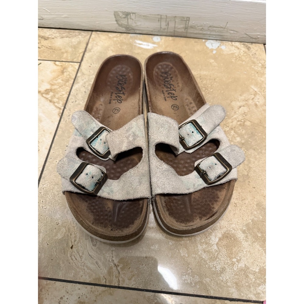 BioStep Suede Double Buckle Slide Sandals Women's 7.5 Cushioned‎ Footbed Beige